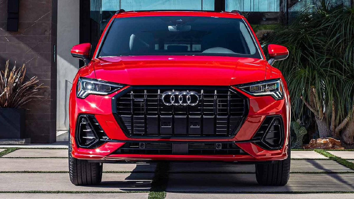 Front view of red 2023 Audi Q3 subcompact, cheapest new Audi SUV and luxury SUV bargain for $37K