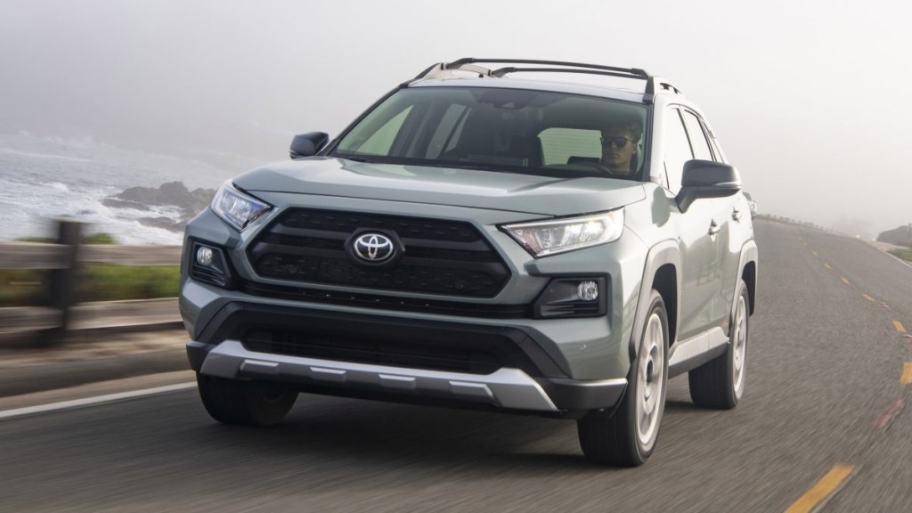Front view of silver 2021 Toyota RAV4, highlighting lawsuit for panoramic sunroof that explodes and shatters glass