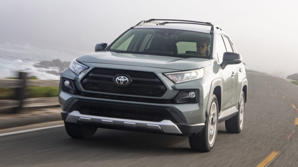 Front view of silver 2021 Toyota RAV4, highlighting lawsuit for panoramic sunroof that explodes and shatters glass 