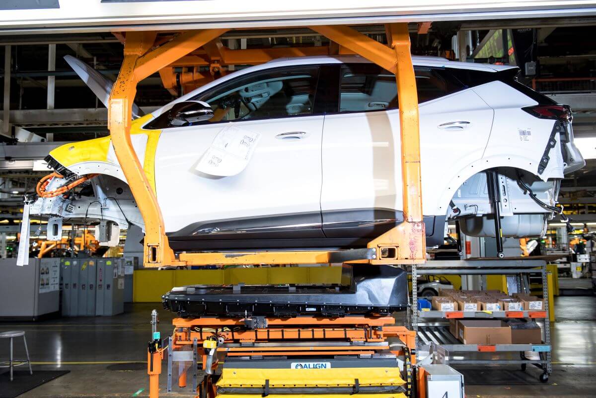 The production of a Chevrolet Bolt EUV electric vehicle at the General Motors Orion Assembly plant in Michigan