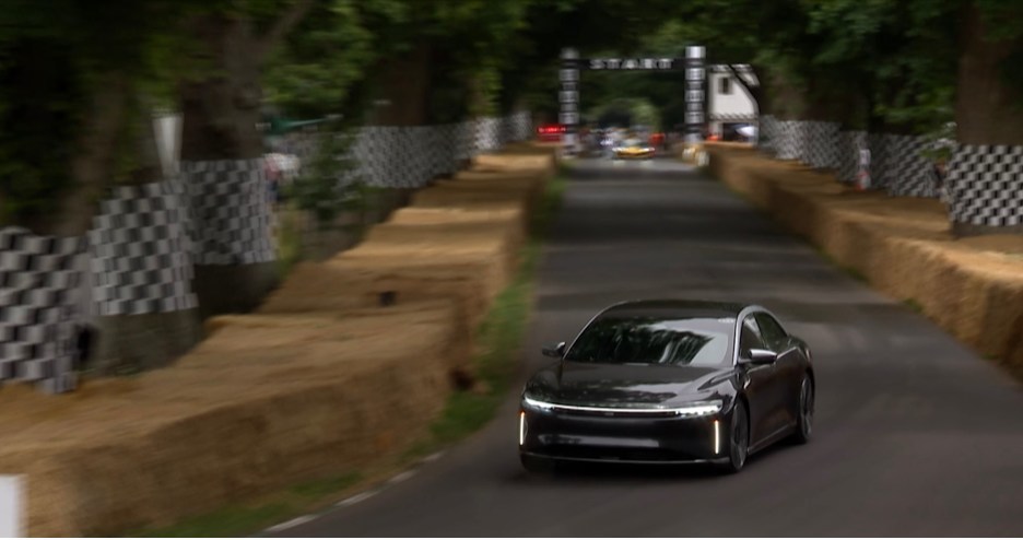 A Lucid Air competes at the Goodwood Festival of Speed hilclimb. 