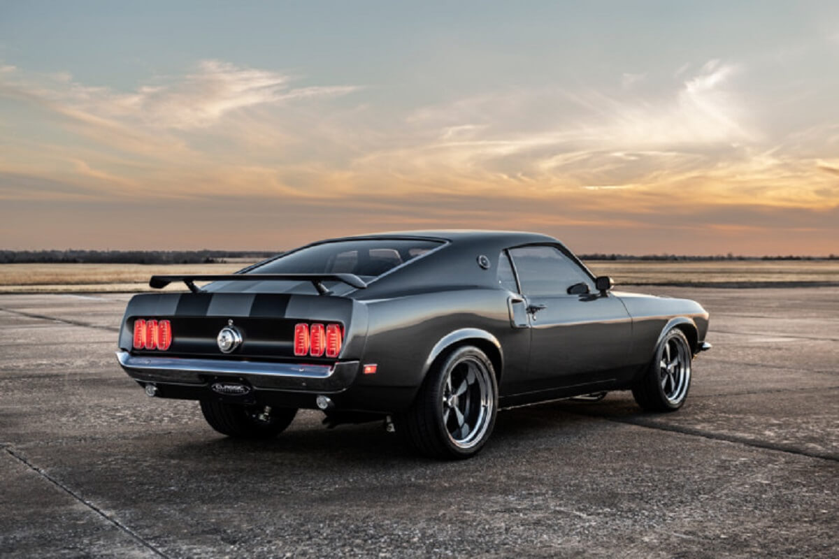 A gray and black 1969 Ford Mustang "Hitman" shows off its Boss 429 and Mach 1-inspired rear-end.