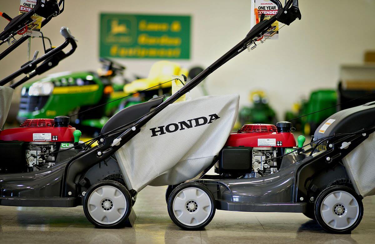A line of Honda push lawn mower models in a Valley Appliance store in Peru, Illinois