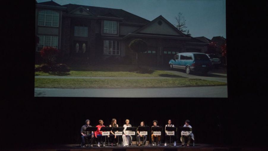 Actors from the movie Juno doing a live read with a Toyota Previa seen on screen.