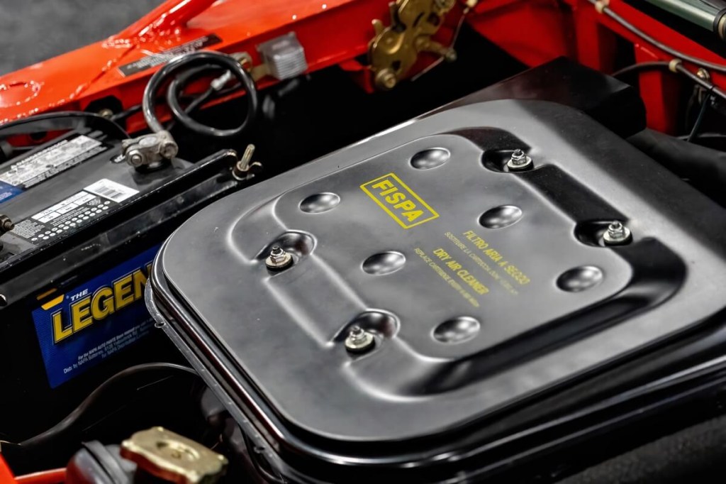 A 1974 Lancia Stratos shows off its Dino-derived 2.4L V6 at the New York International Auto Show.