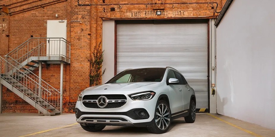 A white 2023 Mercedes-Benz GLA subcompact luxury SUV is parked. 