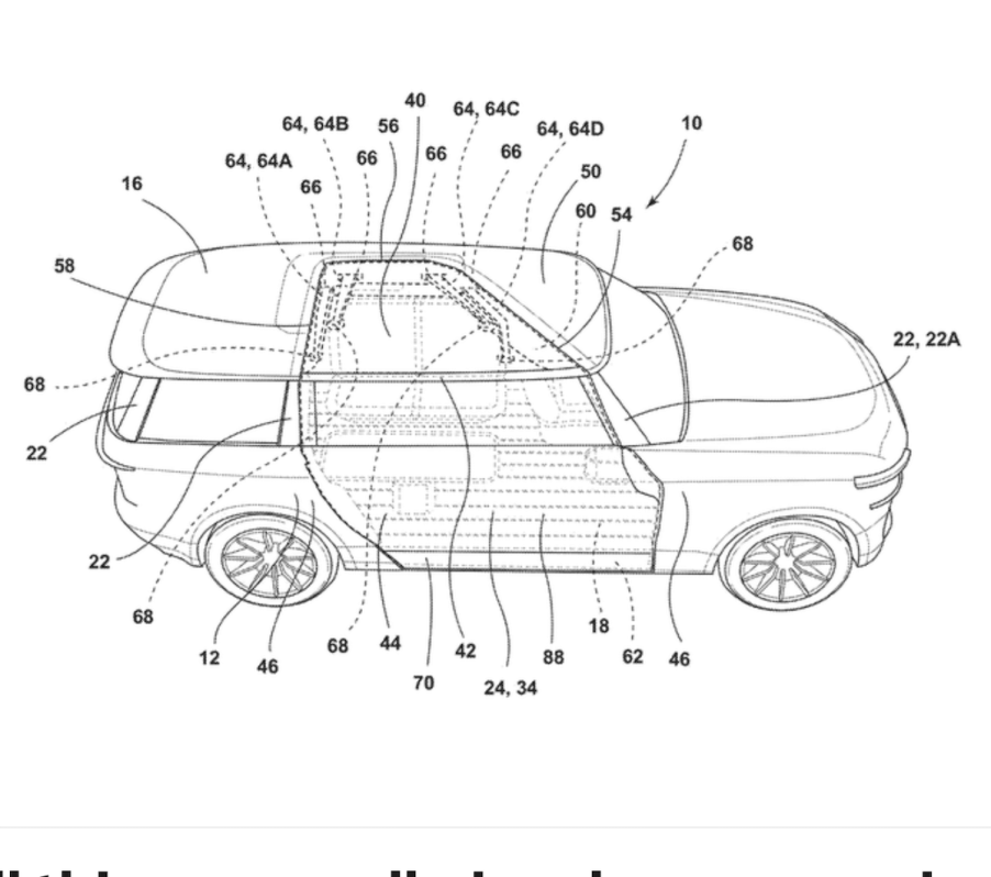 black and white diagram of Ford patent showing a large gullwing door