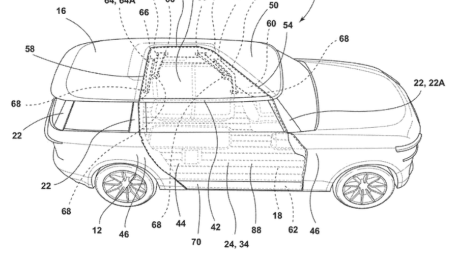 black and white diagram of Ford patent showing a large gullwing door