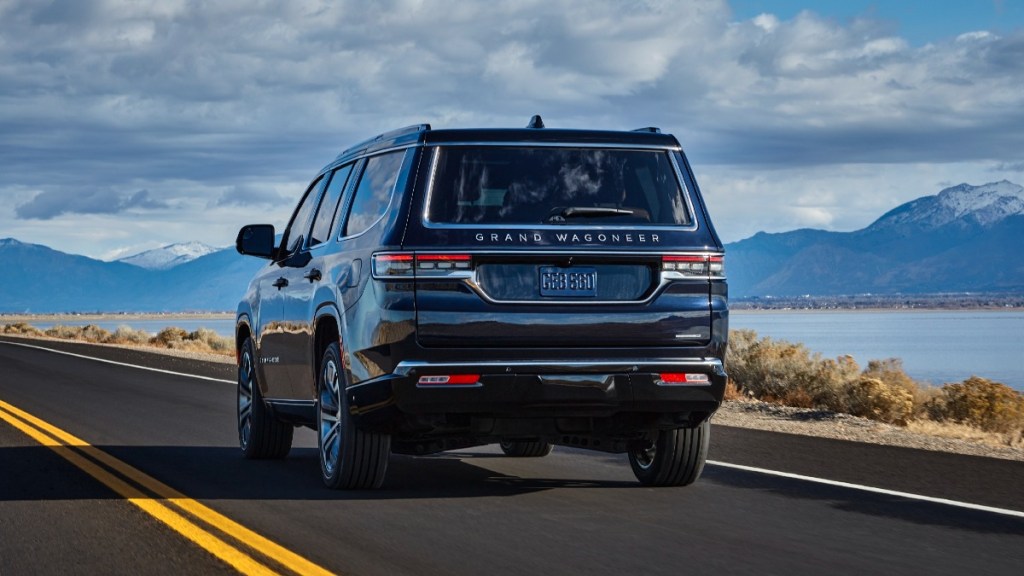 Rear angle view of American 2023 Jeep Grand Wagoneer, most comfortable luxury SUV, says U.S. News