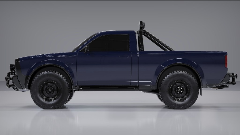 Side view of blue 2024 Alpha Wolf EV pickup truck
