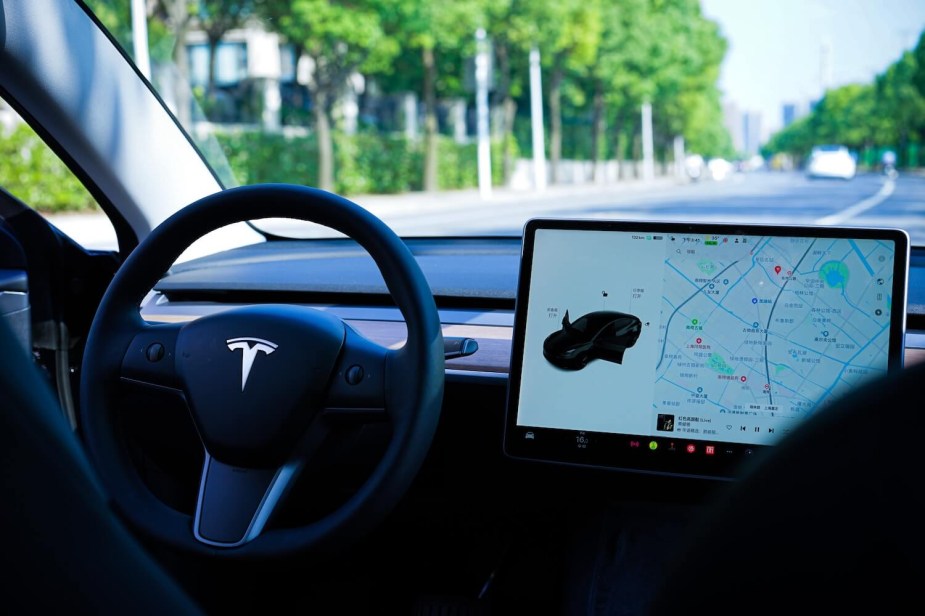 Tesla dashboard, steering wheel, and infotainment system, trees visible in the background.