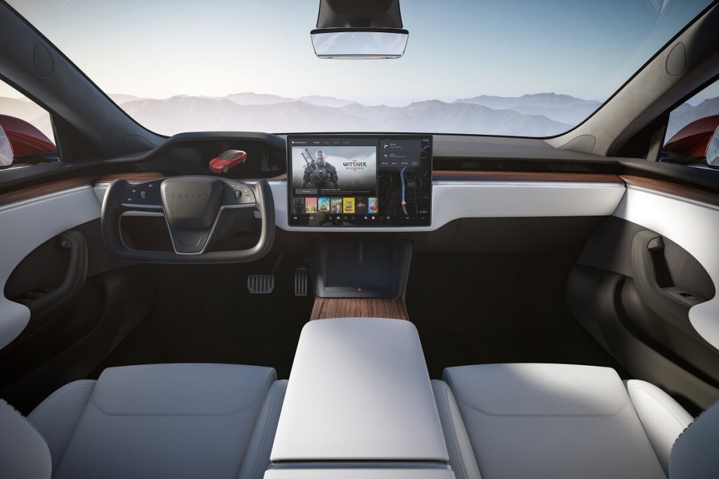 A Tesla Model S showcases its cockpit.