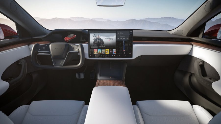 A Tesla Model S showcases its cockpit.