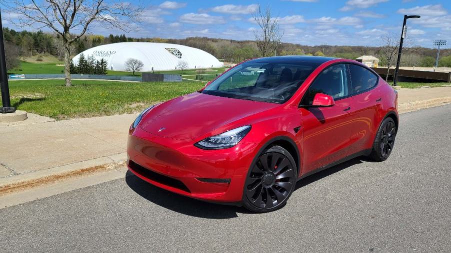 Red Tesla Model Y - This Tesla has the highest projected recalls over the next 30 years