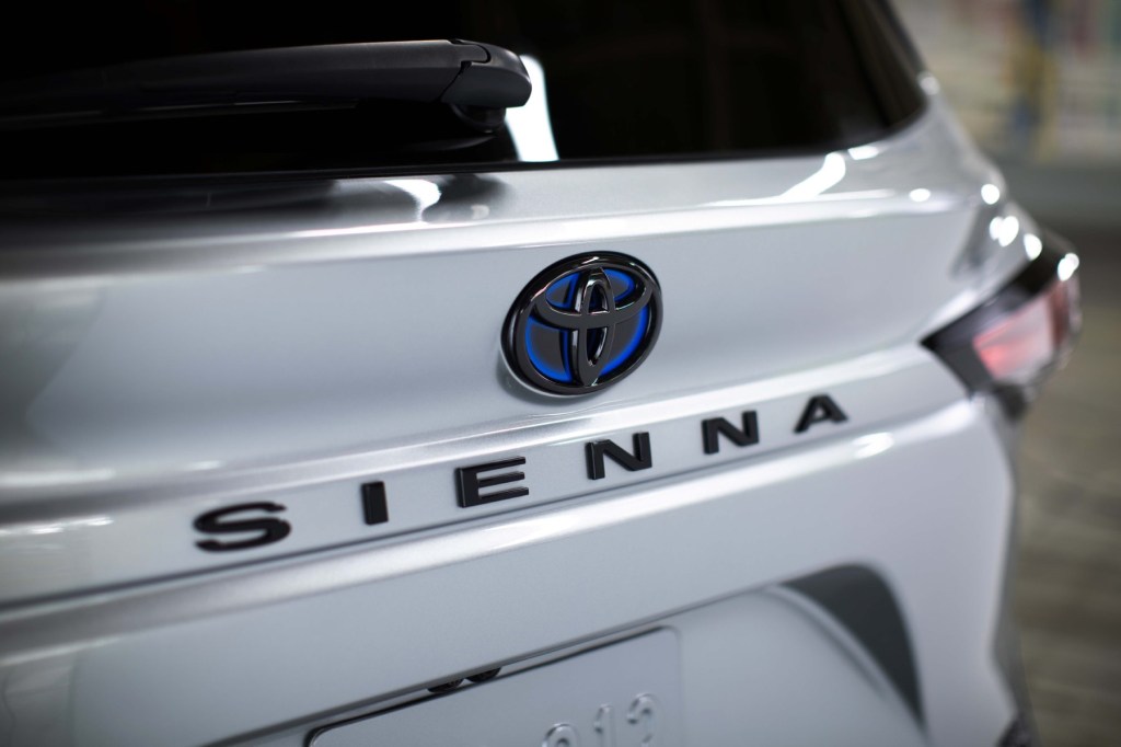 Close up on the rear badging of a 2023 Toyota Sienna 25th anniversary edition. 