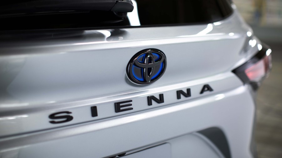 Close up on the rear badging of a 2023 Toyota Sienna 25th anniversary edition.