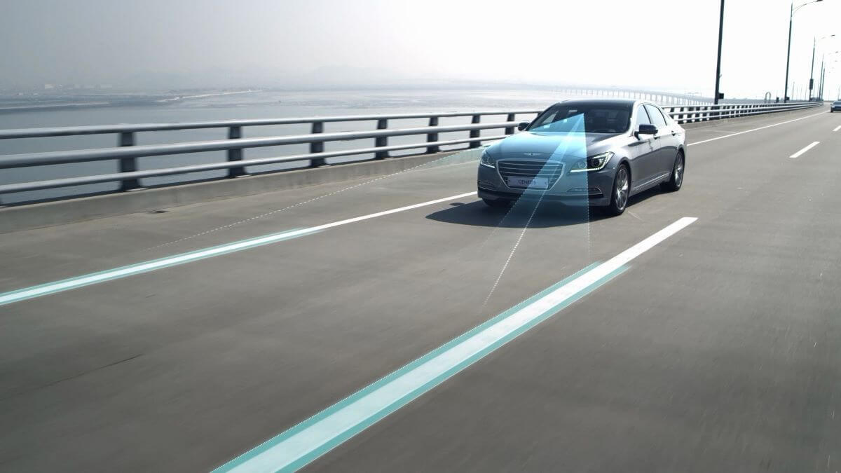 A visualization of Hyundai's ADA (active driving assistance) system called Highway Driving Assist
