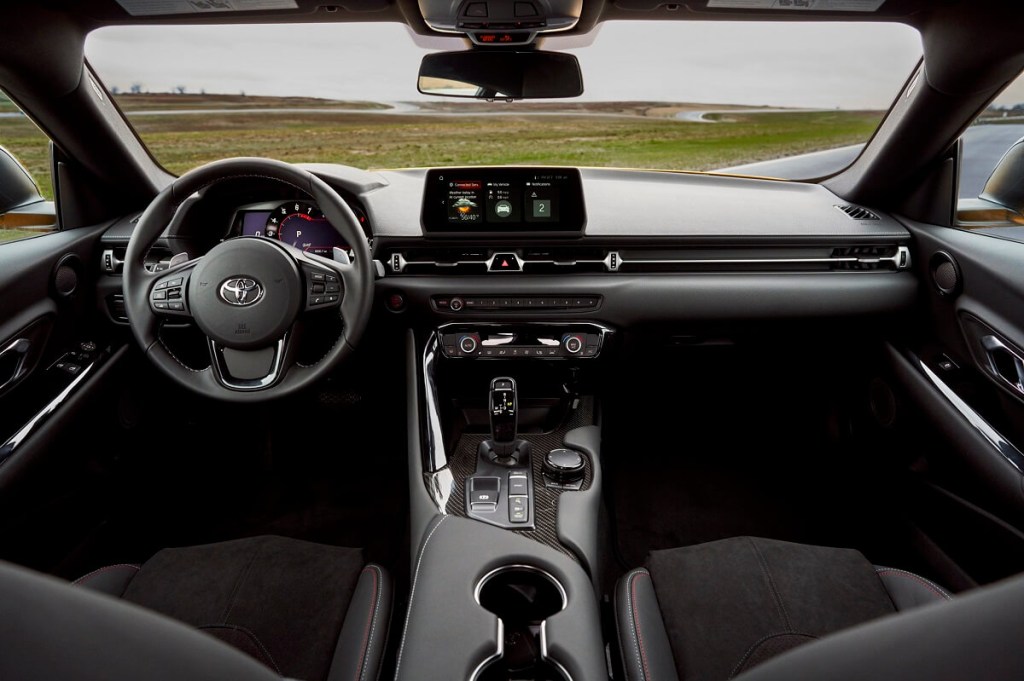 A 2023 Toyota GR Supra 2.0 shows off its interior.