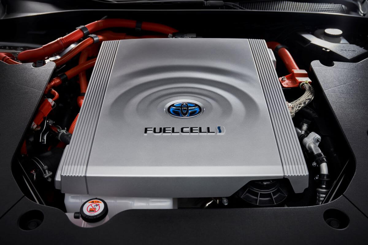 The fuel cell inside a Toyota Mirai hydrogen fuel cell electric vehicle (FCEV)