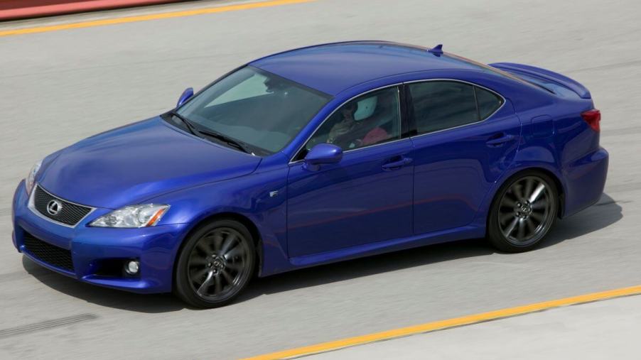 A blue 2008-2009 model year Lexus IS compact executive car model being tested