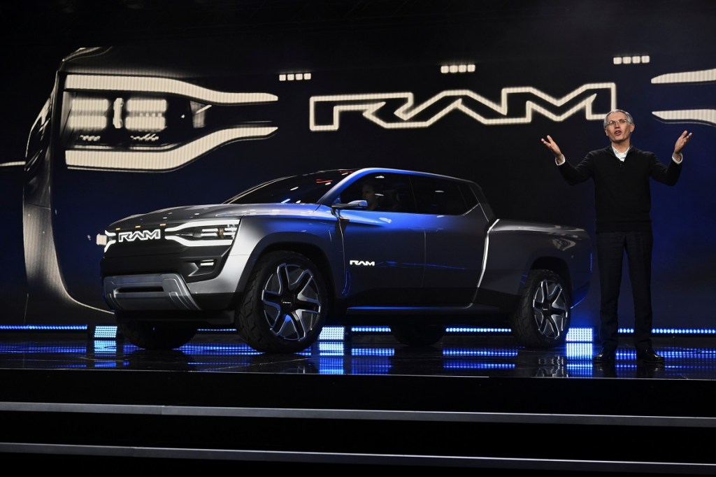 Stellantis CEO Carlos Tavares with the electric Ram truck concept