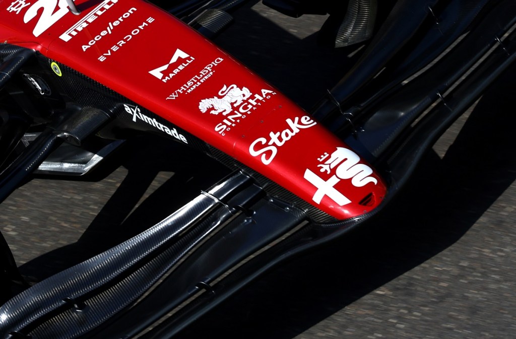 The logo on the front of Zho Guanyu's Alfa Romeo car