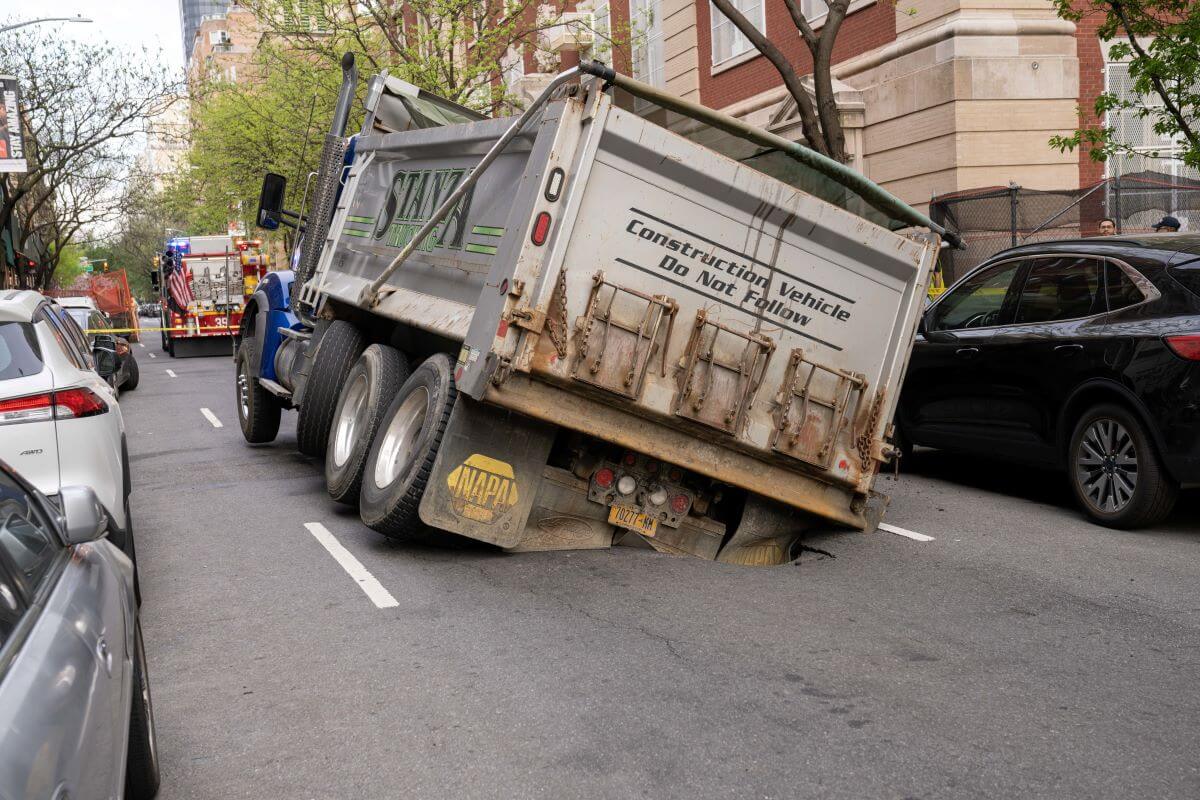 A Stanz dump truck in Manhattan, New York, falling into a sinkhole that grew out of a pothole