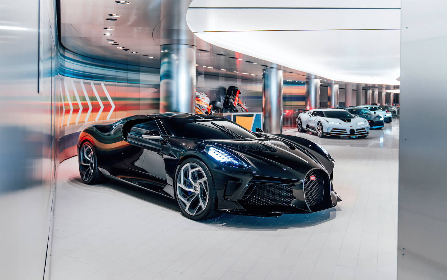 The Bugatti collection of the Prince of Monaco welcomes La Voiture Noire, a Centodieci, a Divo, a Chiron Pur Sport “Grand Prix” and the W16 Mistral.