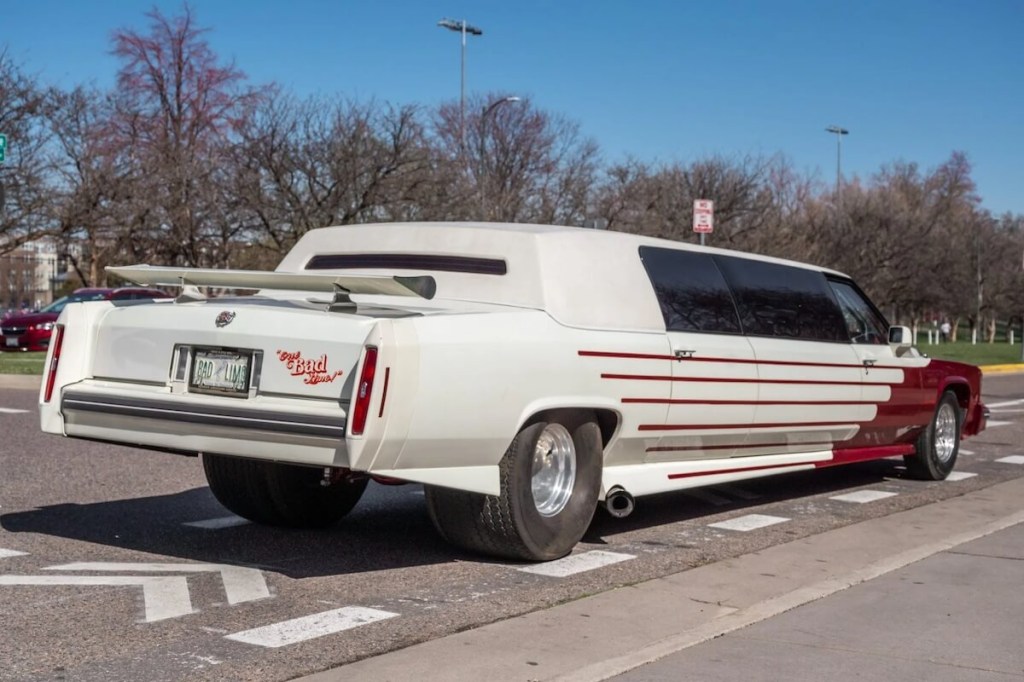 Rear end of a 1981 Cadillac Fleetwood Limousine modified for drag racing
