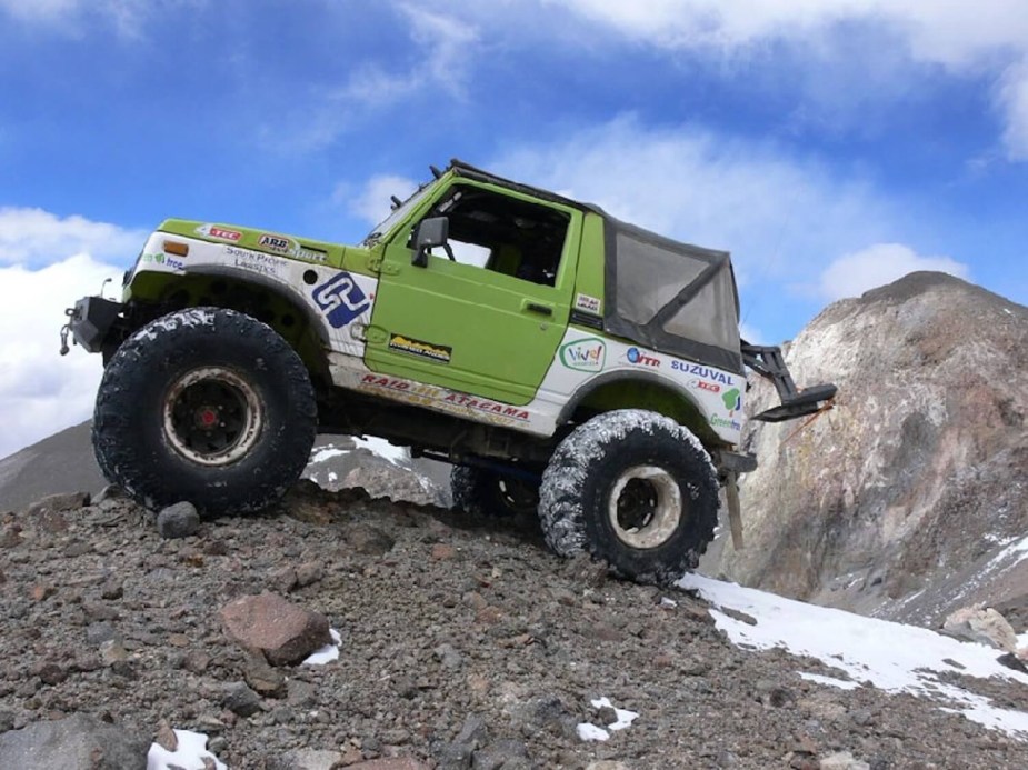 Bright green Suzuki Jimny 4x4 parked on a mountain top, a blue sky visible in the background.