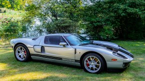 A silver Ford GT 2005 sports car on display at the 2019 Concours d'Elegance at palace Soestdijk, the Ford GT is among Doug DeMuro's dream cars