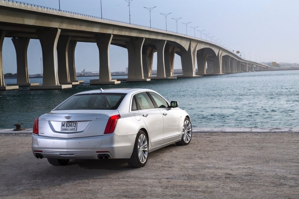 A silver 2017 Cadillac CT6 luxury used car shows off its rear-end styling. 