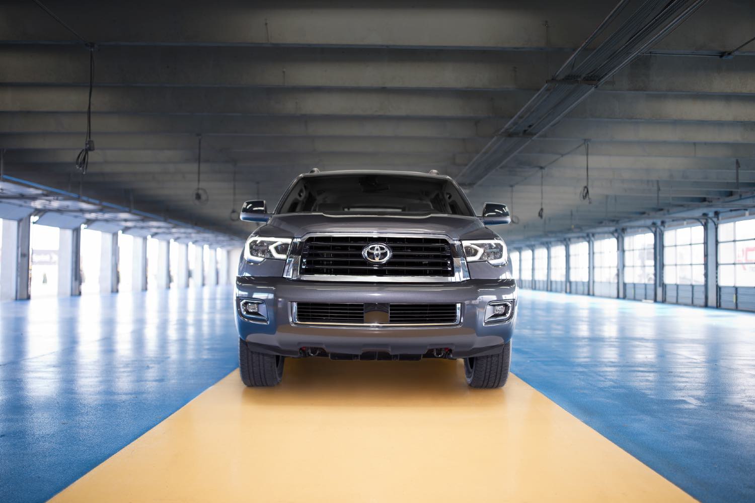 A gray 2018 Toyota Sequoia from the front.