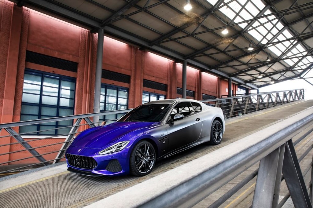 A 2019 Maserati GranTurismo shows off its GT car proportions and tri-color paint work. 