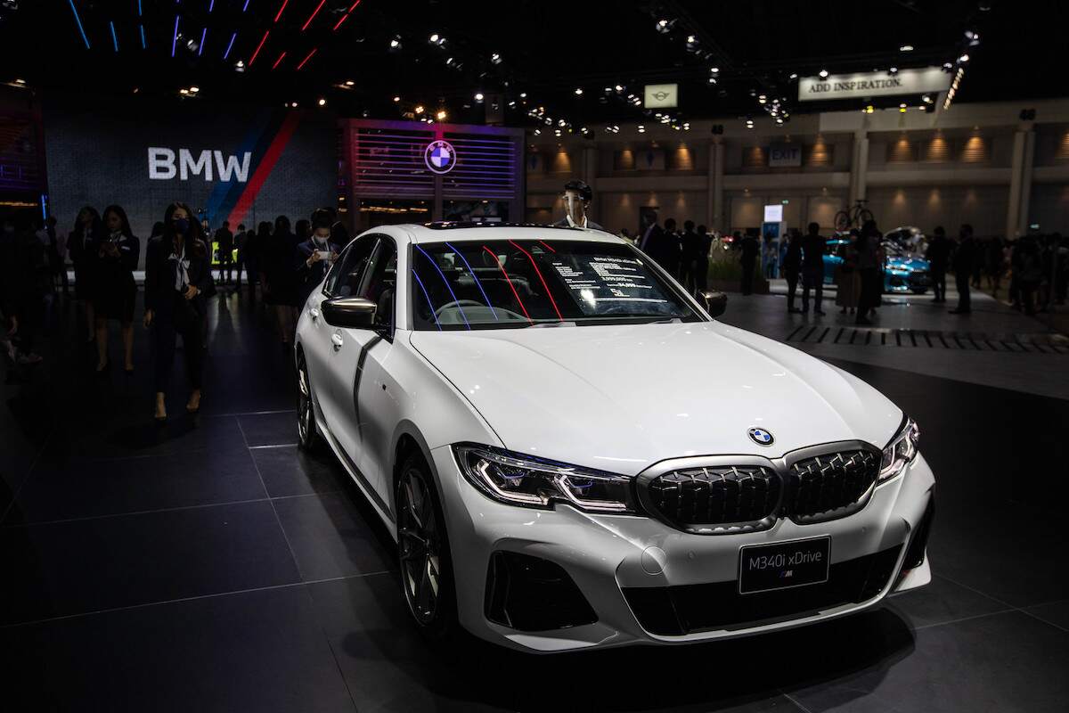 Attainable luxury car: A BMW M340i xDrive sedan on display at the 2021 Bangkok International Motor Show