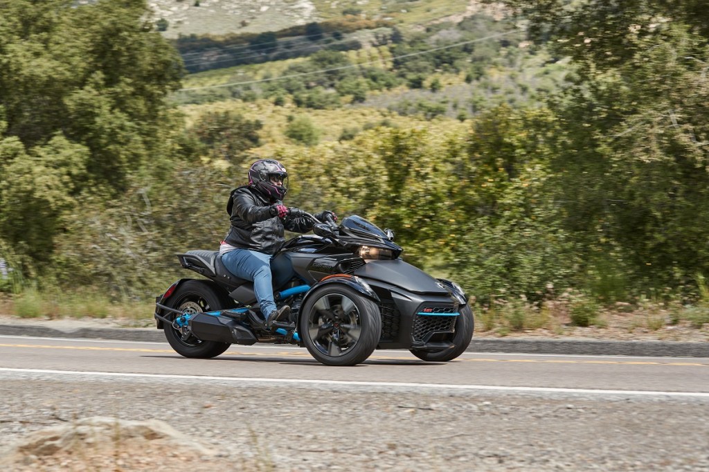 The 2023 Cam-Am Spyder motorcycle on the road