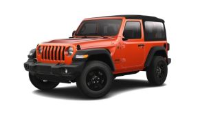 A two-door 2023 Jeep Wrangler Sport compact off-road SUV model in Punk'n Metallic orange