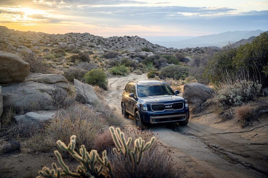 Blue 2023 Kia Telluride riding in the desert.