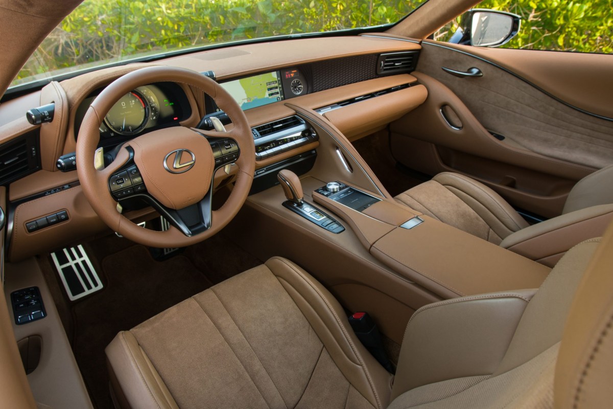 The interior of a a Lexus LC 500 in brown leather