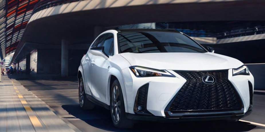 A white 2023 Lexus UX luxury subcompact SUV is driving on the road. 