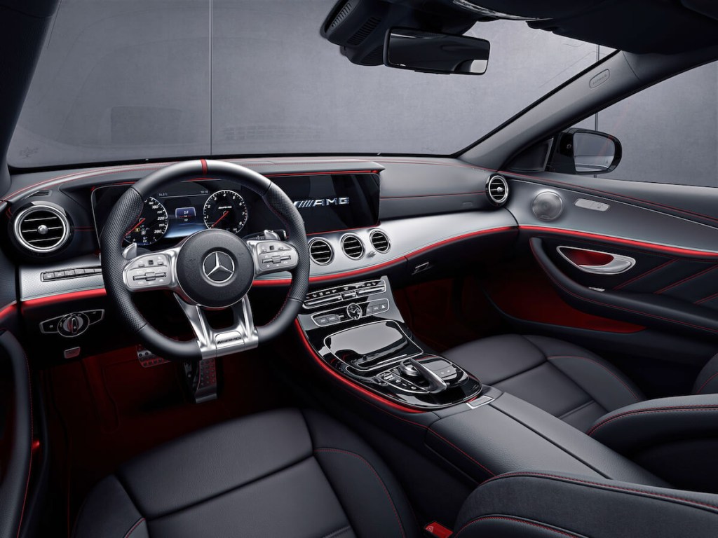 A 2023 Mercedes E-Class Wagon interior from the view of the drivers seat