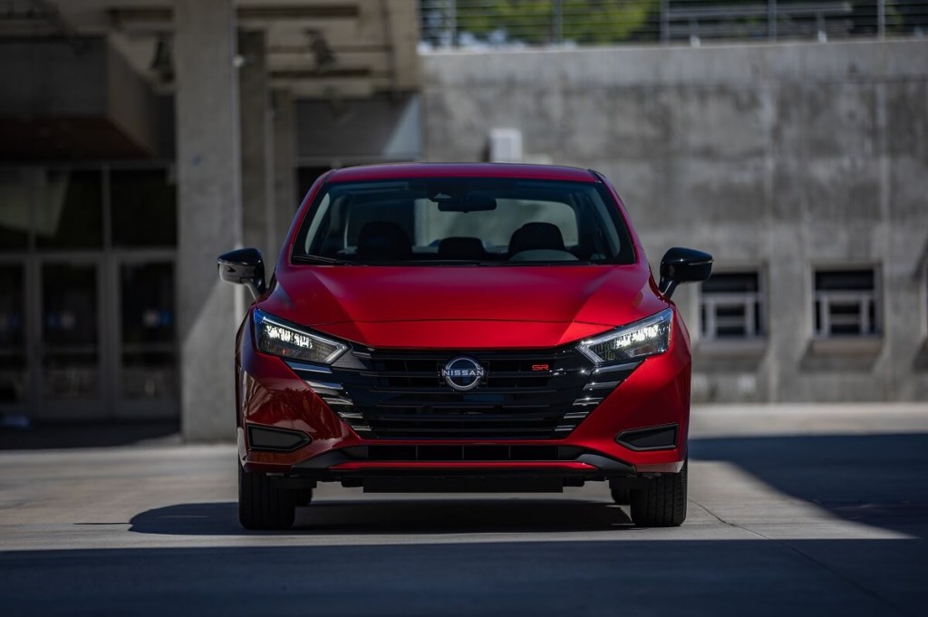 A new 2023 Nissan Versa compact car starts under $20,000 and shows off its front-end styling. 