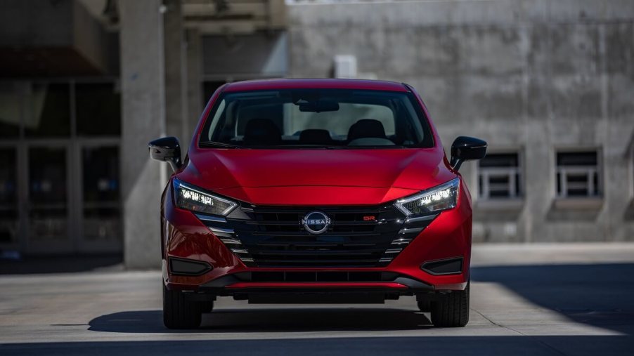 A new 2023 Nissan Versa compact car starts under $20,000 and shows off its front-end styling.