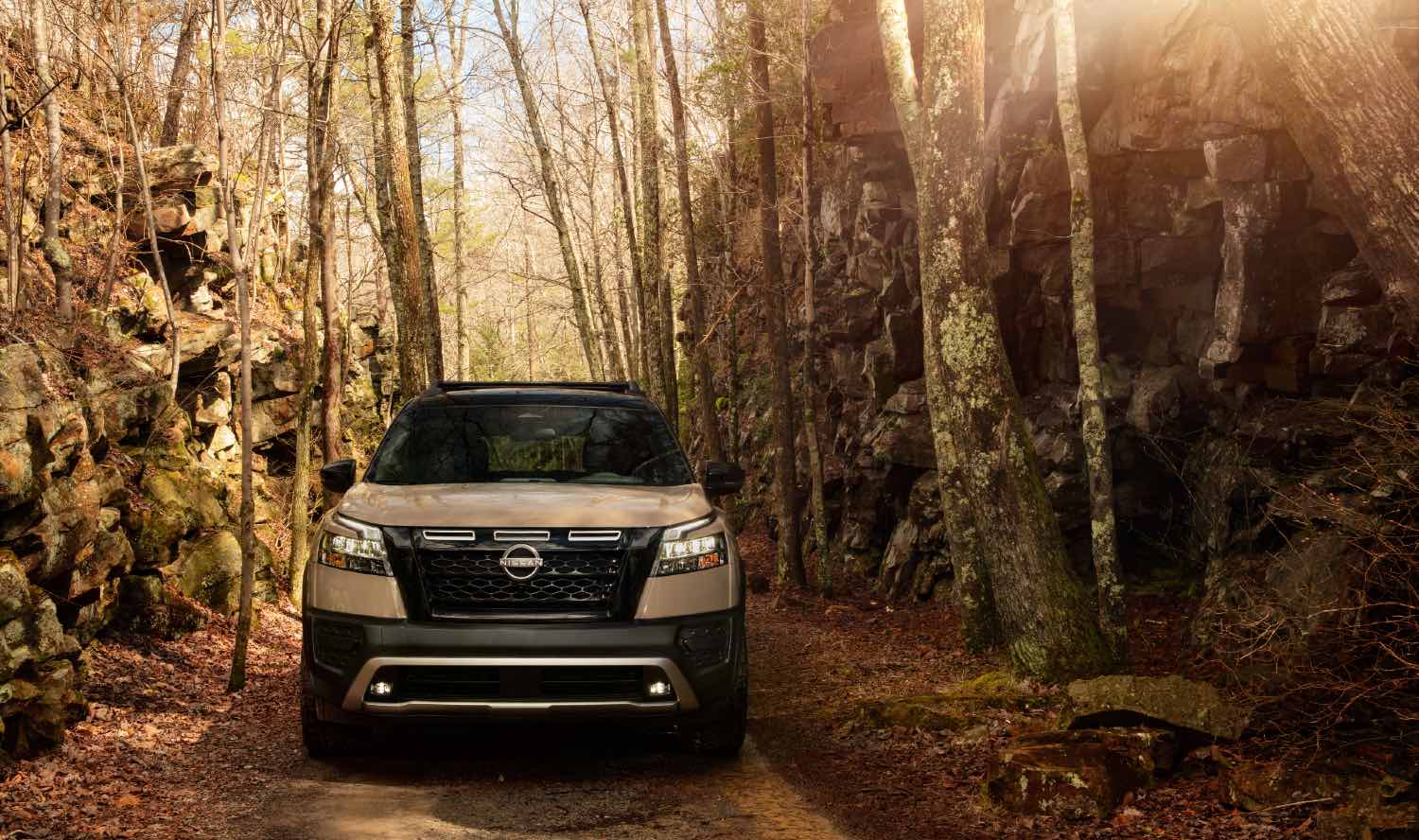 A 2023 Nissan Pathfinder driving in the woods.