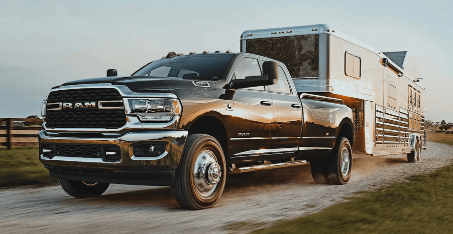 2023 Ram 3500 towing trailer front 3/4 view