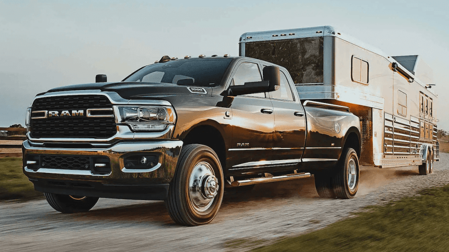 2023 Ram 3500 towing trailer front 3/4 view