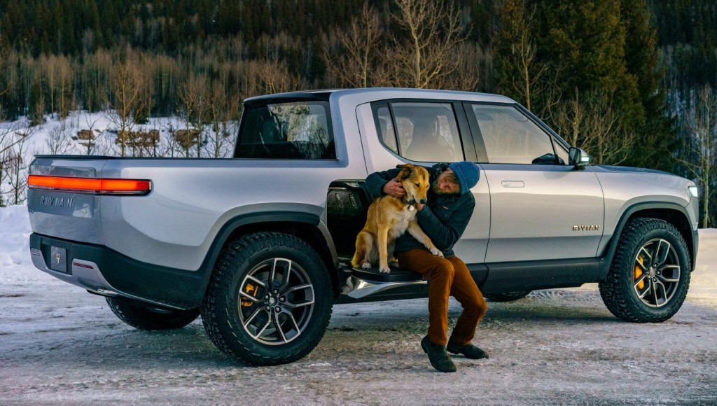 The 2023 Rivian R1T with a dog on the gear tunnel door 