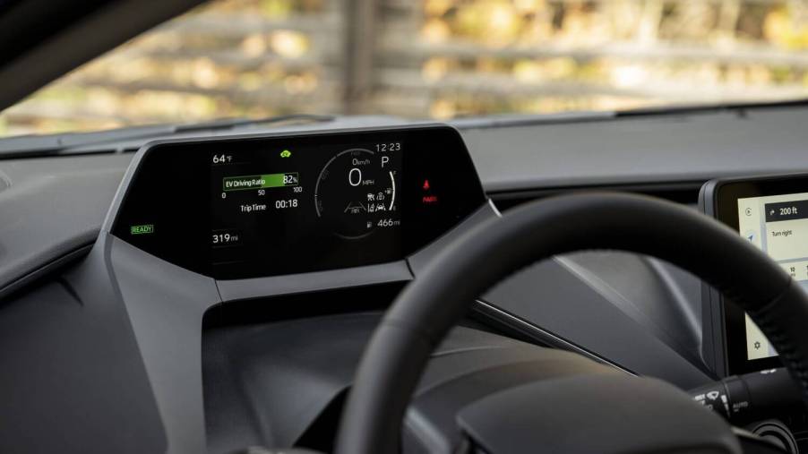 The dashboard of a Toyota Prius hybrid electric vehicle, showing engine status.
