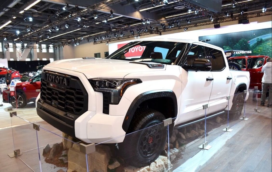 A white 2023 Toyota Tundra TRD Pro at the Montreal Auto Show 