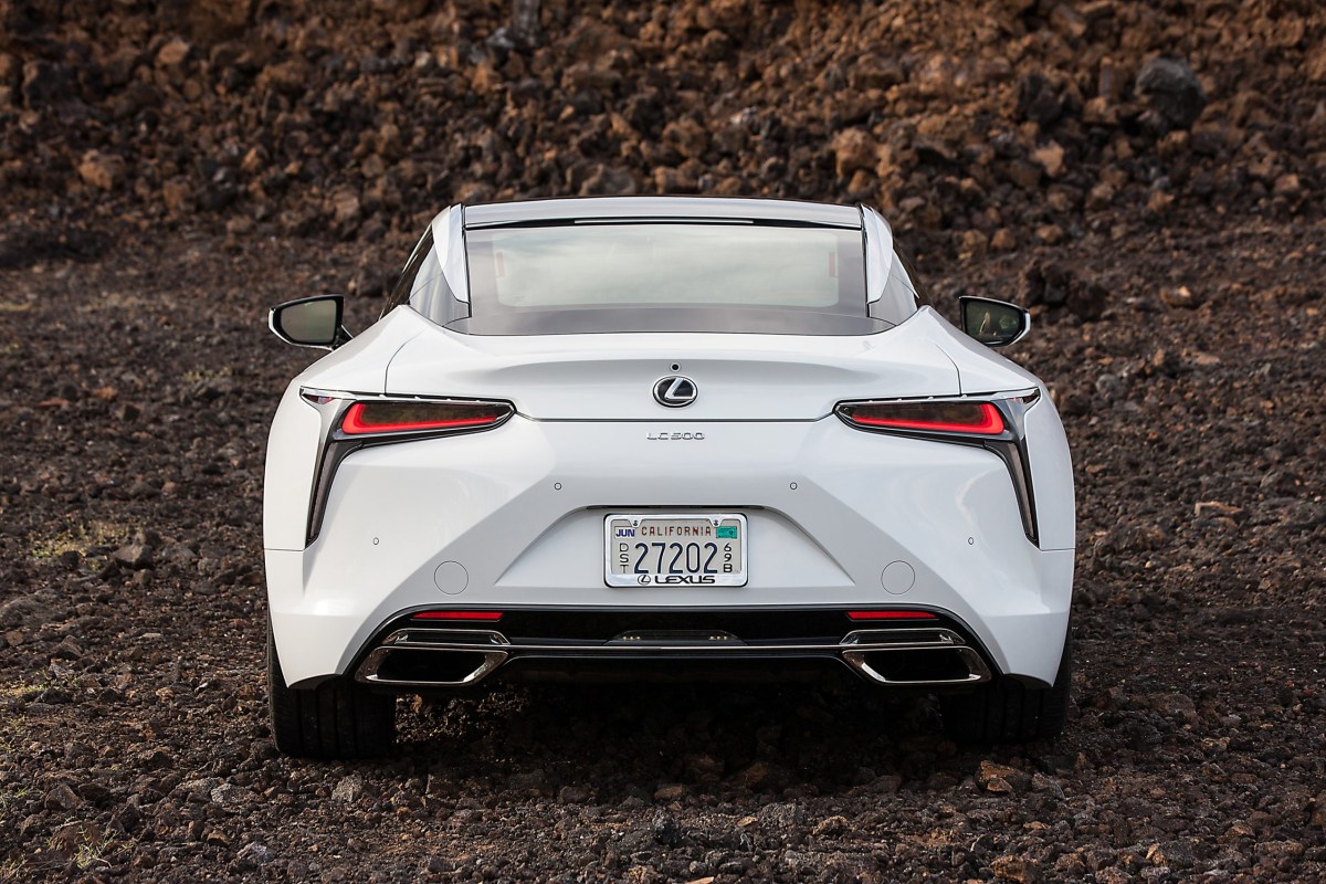 The back end of a $100,000 Lexus LC 500 in white